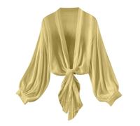 Blusa corta tipo kimono de manga larga para mujer, vestido de noche, salida de baño, tops de fiesta, cárdigan recortado, chal cruzado, amarillo, XL