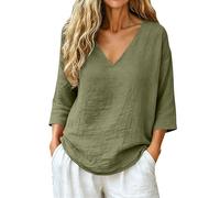 Blusa de algodón para Mujer, Manga 3/4, Cuello en V, Estilo túnica, Informal, Holgada, Estilo Campesino, Ideal para Vacaciones en la Playa, Color Verde Militar, Talla Grande.