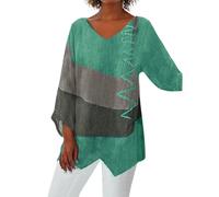 Blusa de algodón y lino para mujer, de dos tonos, cuello en V, manga larga, ajuste holgado, dobladillo asimétrico, camisa fluida, casual, transpirable, larga, 01#_azul, 5XL