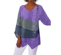 Blusa de algodón y lino para mujer, de dos tonos, cuello en V, manga larga, ajuste holgado, dobladillo asimétrico, camisa fluida, casual, transpirable, larga, 02#_morado oscuro, XL