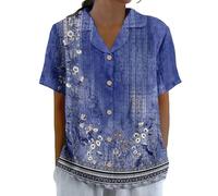 Blusa de cuello Peter Pan para mujer, floral, elegante, casual, linda, babydoll, manga corta, ajuste holgado, camisas de verano, túnica, playa, vacaciones, ropa de vacaciones, Reino Unido, azul, XXL