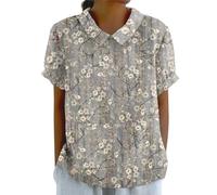 Blusa de cuello Peter Pan para mujer, floral, elegante, casual, linda, babydoll, manga corta, ropa de vacaciones, playa, ajuste holgado, ropa de vacaciones, túnica de verano, gris, M