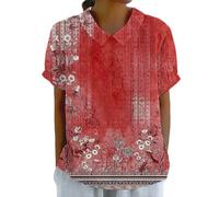 Blusa de cuello Peter Pan para mujer, floral, elegante, casual, linda, babydoll, manga corta, ropa de vacaciones, playa, vacaciones, trajes de Reino Unido, camisas de verano de ajuste holgado, rosso