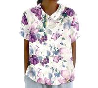 Blusa de cuello Peter Pan para mujer, floral, elegante, casual, linda, babydoll, manga corta, ropa de vacaciones, playa, ajuste holgado, ropa de vacaciones, túnica de verano, Morado (, S