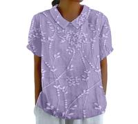 Blusa de cuello Peter Pan para mujer, floral, elegante, casual, linda, babydoll, manga corta, túnica del Reino Unido, ajuste holgado, camisas de verano, ropa de vacaciones, playa, vacaciones, Morado