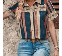 Blusa de Encaje a Rayas Retro para Mujer Elegante - Manga Corta, Camisa con Botones y Cuello Afilado para /Verano, Tejido de Poliéster Transpirable, Estilo Vintage para Atuendos Casuales o Formales
