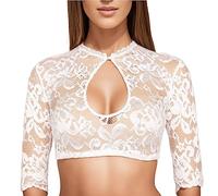 Blusa de encaje blanco negro para mujer, blusa tirolesa de encaje, blusa tirolesa de manga corta, disfraz de Oktoberfest, elegante, media manga, blusa para traje regional, color blanco, L