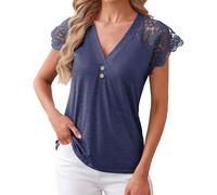 Blusa de encaje de manga corta con cuello en V para mujer, detalles de botones frontales, elegante blusa de verano perfecta para el trabajo de negocios y entornos casuales inteligentes, azul marino, M