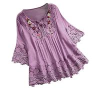 Blusa de encaje estilo bohemio de manga 3/4 para mujer, estilo bohemio, bordado, floral, bordada, para verano, hippie, con volantes, para personas mayores, a la moda, de ganchillo, ajuste holgado