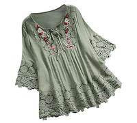 Blusa de encaje estilo bohemio de manga 3/4 para mujer, estilo bohemio, bordado, floral, bordada, para verano, hippie, con volantes, para personas mayores, a la moda, de ganchillo, ajuste holgado