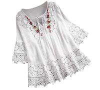 Blusa de encaje estilo bohemio de manga 3/4 para mujer, estilo bohemio, bordado, floral, bordada, para verano, hippie, con volantes, para personas mayores, a la moda, de ganchillo, ajuste holgado