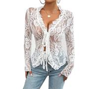 Blusa de Encaje Transparente con Escote en V for Mujer Blusa Sexy de Malla Transparente con Lazo Frontal Abierto(White,XL)