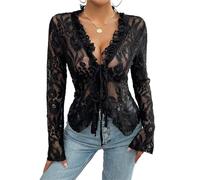 Blusa de Encaje Transparente con Escote en V for Mujer Blusa Sexy de Malla Transparente con Lazo Frontal Abierto(Nero,XL)