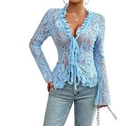 Blusa de Encaje Transparente con Escote en V for Mujer Blusa Sexy de Malla Transparente con Lazo Frontal Abierto(Blue,XL)