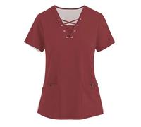 Blusa de Enfermera Camisas De Bolsillo For Mujer, Uniforme Enfermería, Blusas Manga Corta con Cuello En V For Cuidadores, Ropa Trabajo Enfermera Médica para el Hospital(Red,L)