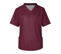 Blusa de Enfermera Uniforme de enfermería Verano for Hombre, Color Liso, Manga Corta, Cuello en V, for Trabajadores la Salud, Enfermeros, Trabajo, Blusa con Bolsillos para el Hospital(Wine,XL)