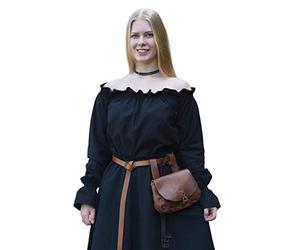 Blusa de Estilo Medieval con Cuello de Barco - Manga Larga - Natural/Blanco/Negro - Algodón - S - XXL - Negro - S