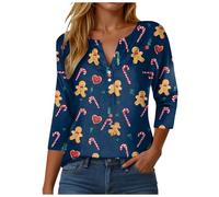 Blusa de Fiestas Mujer - Camisa Tema Navidad Manga 3/4 Cuello en V, Estampado Divertido Santa y Árbol, Top Elegante Business Casual para Fiestas, Conjunto para la Temporada Festiva