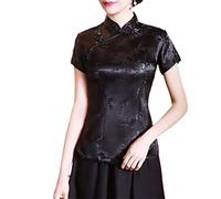 Blusa de Flores Chinas Tradicionales para Mujer, Blusa Qipao de Manga Corta, Tops de Manga Corta de Verano Black Flower XXL