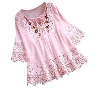 Blusa de gasa bohemia con cuello en V para mujer, estilo bohemio, campesino, ajuste holgado, estampado floral bordado, túnica 2025 india con volantes para mujeres mayores, fiesta, ganchillo, bordado