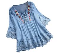 Blusa de gasa bohemia de ajuste holgado para mujer, estilo bohemio, estilo bohemio, con bordado floral de ganchillo, camiseta hippie con volantes para mujeres mayores, con cordones y cuello en V,