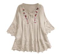 Blusa de gasa de estilo bohemio para mujer, bordada, floral, ajuste holgado, con volantes, manga 3/4, túnica hippie de manga larga para mujeres mayores, con cordones, lino, bohemio, fluida, blanco,