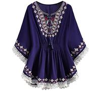 Blusa de gasa de manga corta para mujer, estilo bohemio, estilo bohemio, campesino, floral, bordada, para primavera, hippie, con volantes frontales, para personas mayores, club, lino, occidental