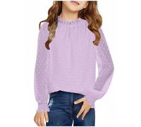 Blusa de gasa de manga larga para niñas, patrón de lunares suizos con cuello con volantes, estilo túnica suelta casual, bonita camiseta, gasa ligera, perfecta para primavera y otoño (morado, 9-10 años