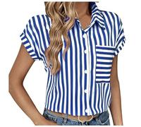 Blusa de gasa para mujer, cuello en V, a rayas, sin mangas, con botones, túnica, conjunto elegante, azul, S