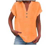 Blusa de gasa para mujer, elegante, algodón y lino, cuello en V, manga corta, camiseta de verano, color liso, camiseta larga, túnica, blusa para mujer, naranja, XL