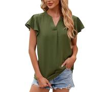 Blusa de gasa para mujer, manga corta, cuello de verano, blusas casuales con cuello en V, camisetas sueltas para fiesta de neón, Verde militar., M