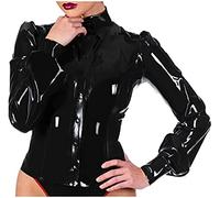 Blusa De Látex Con Botones En La Parte Delantera Mangas Abullonadas Cuello Doblado Camisas De Goma Top,Púrpura,METRO