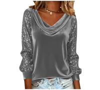 Blusa de lentejuelas para mujer, elegante, informal, de manga larga, de terciopelo brillante, cuello redondo, para Año Nuevo, ropa de lujo silenciosa, gris, S