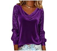 Blusa de lentejuelas para mujer, elegante, informal, de manga larga, de terciopelo brillante, cuello redondo, para Año Nuevo, ropa de lujo silenciosa, Morado (, S