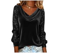Blusa de lentejuelas para mujer, elegante, informal, de manga larga, de terciopelo brillante, cuello redondo, para Año Nuevo, ropa de lujo silenciosa, Negro, XXL