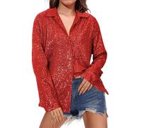 Blusa de lentejuelas para mujer, elegante, manga larga, camiseta de fiesta, camisa de manga larga, camisa de manga larga, tallas grandes, camisa informal con botones, camiseta vintage de manga larga