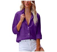 Blusa de lino con botones para mujer con cuello en V, camisas de manga larga con bolsillo, tops de algodón de color liso, blusa de verano cómoda para mujer, violeta, XL