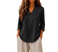 Blusa de lino con cuello Peter Pan Henley de media solapa de manga 3/4, dobladillo inferior curvado, tela transpirable, clásica, minimalista, lisa, Negro, 3XL
