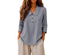 Blusa de lino con cuello Peter Pan Henley de media solapa de manga 3/4, dobladillo inferior curvado, tela transpirable, clásica, minimalista, lisa, gris oscuro, XL