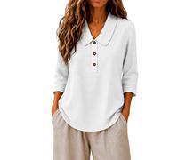 Blusa de lino con cuello Peter Pan Henley de media solapa de manga 3/4, dobladillo inferior curvado, tela transpirable, clásica, minimalista, lisa, blanco, 3XL
