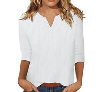 Blusa de lino de manga 3/4 para mujer, cuello en V abotonado, estilo bohemio de primavera y verano, camiseta de viaje y vacaciones, transpirable para días cálidos, blanco, S