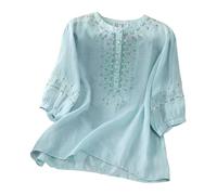 Blusa de lino estilo bohemio casual para mujer, estilo bohemio, estilo bohemio, campesino, verano, floral, bordada, para primavera, hippie, con volantes frontales, para mujeres mayores, gasa vintage