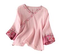 Blusa de Lino Holgada con Botones y Bordados para Mujer, Estilo Retro, Estilo literario, con Hebilla y Estilo étnico # L