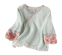 Blusa de Lino Holgada con Botones y Bordados para Mujer, Estilo Retro, Estilo literario, con Hebilla y Estilo étnico # L