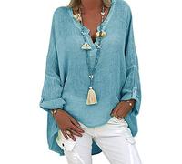 Blusa de lino para mujer, blusa de verano, túnica, cuello de pico, tallas grandes, camiseta de manga larga para mujer, camisa de lino y algodón, A azul., L