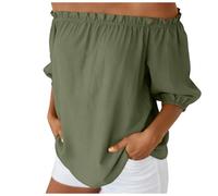 Blusa De Lino para Mujer con Hombros Descubiertos Manga Corta Larga Monocolor Transpirable Secado Rapido Plisada Tallas Grandes Ligera para Primavera Verano Otoño Elegante Casual (L)