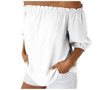 Blusa De Lino para Mujer con Hombros Descubiertos Manga Corta Larga Monocolor Transpirable Secado Rapido Plisada Tallas Grandes Ligera para Primavera Verano Otoño Elegante Casual (White, XXL)