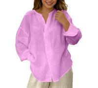 Blusa de lino para mujer, elegante, monocolor, túnica, lino, algodón, blusa larga, verano, botones hacia abajo, camisa de lino transpirable, camiseta para el tiempo libre, camisas sueltas, Rosa., L