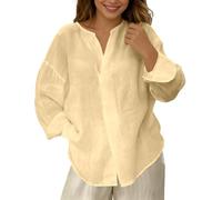 Blusa de lino para mujer, elegante, monocolor, túnica, lino, algodón, blusa larga, verano, botones hacia abajo, camisa de lino transpirable, camiseta para el tiempo libre, camisas sueltas, amarillo, L