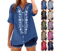 Blusa de lino para mujer, manga 3/4, camisa de lino azul para mujer, camisa de lino medieval, blusa de muselina con botones, elegante camiseta con cuello en V, blusa larga, holgada, parte superior de